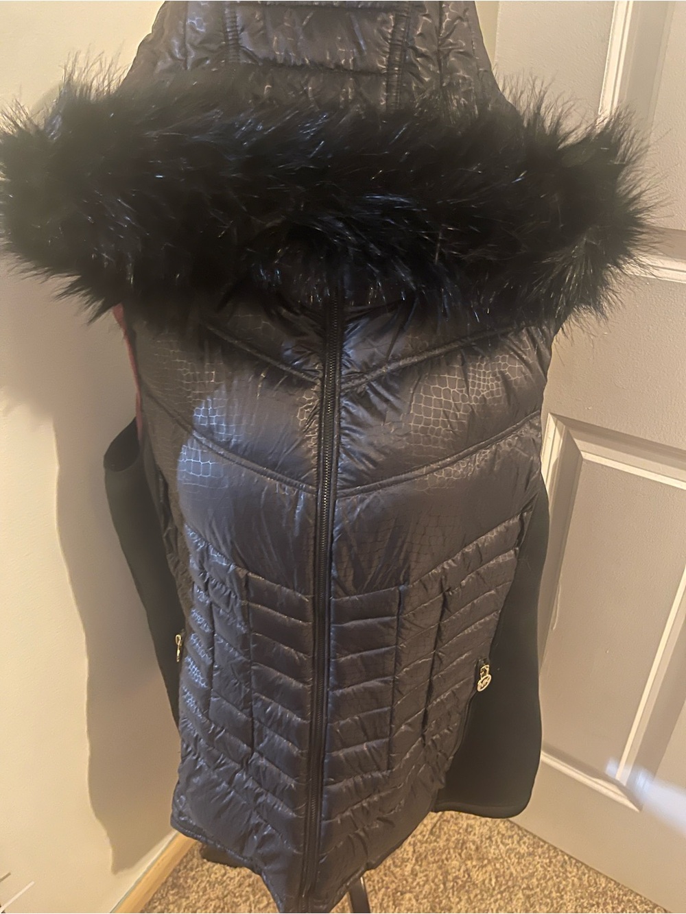 Michael Kors Black Quilted Puffer Vest with Faux-Fur Hood Trim
